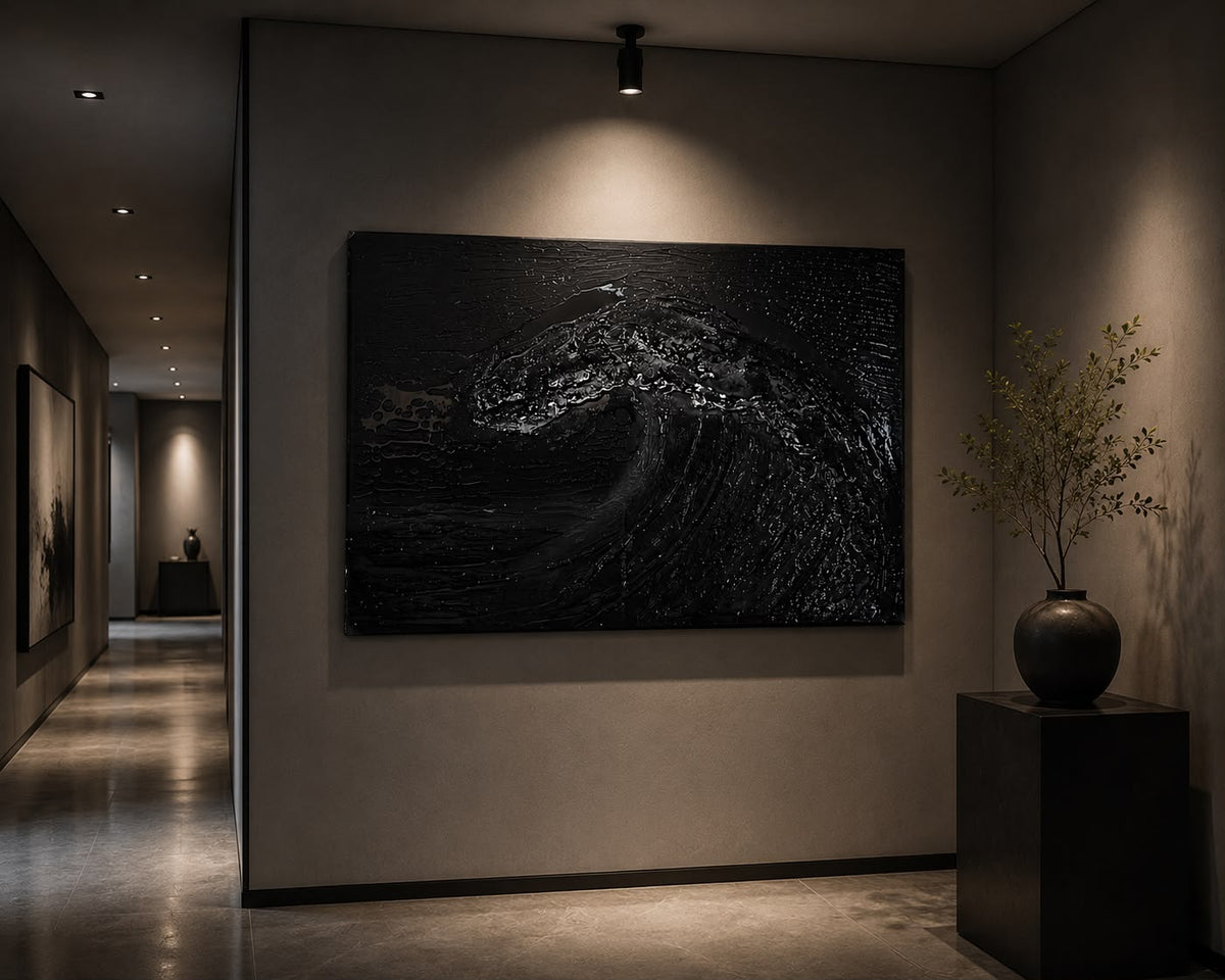 Blackwave XL black textured wave-relief artwork by SBK Art, hand-sculpted plaster with glossy resin finish